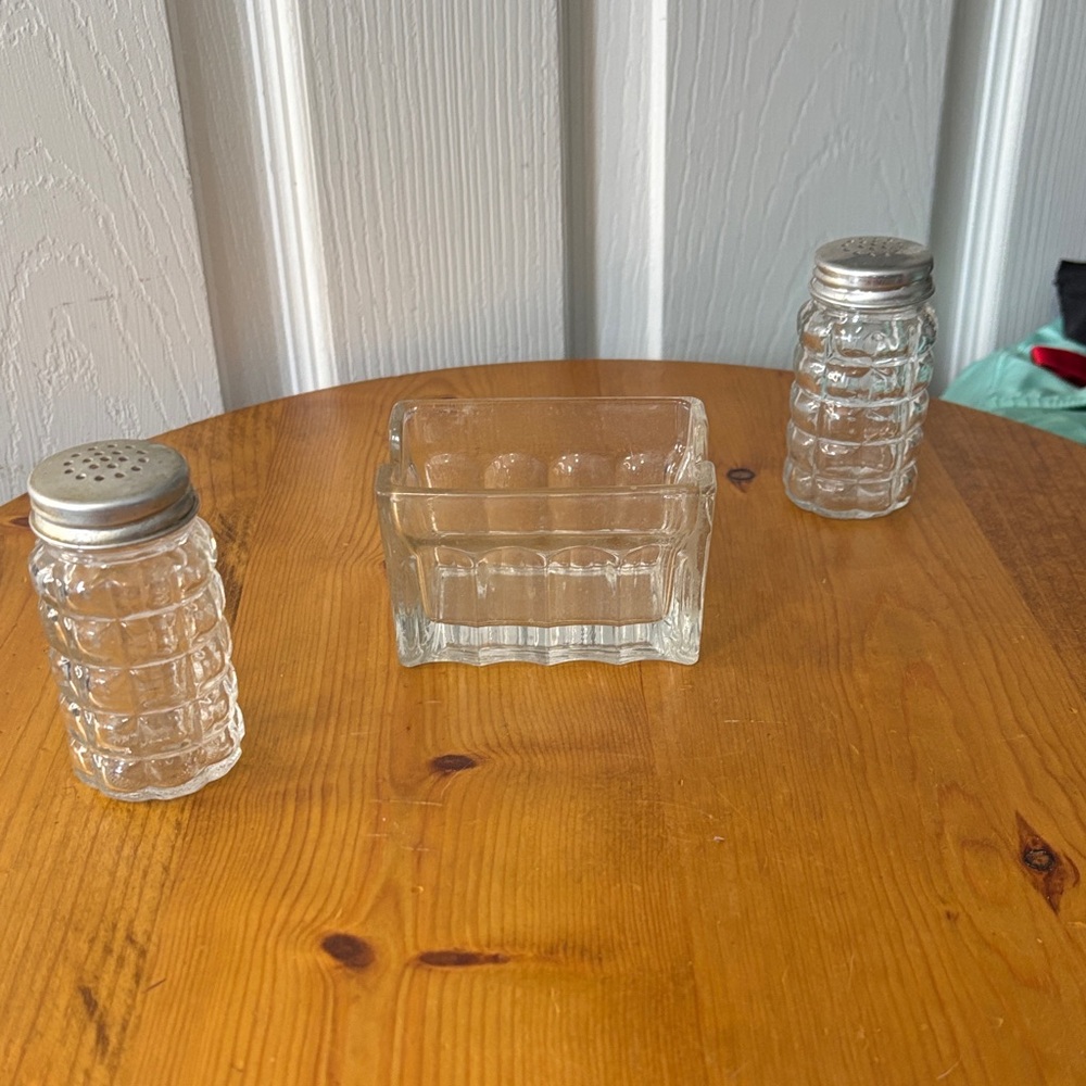 Vintage Glass Salt and Pepper Shakers with Packet Holder